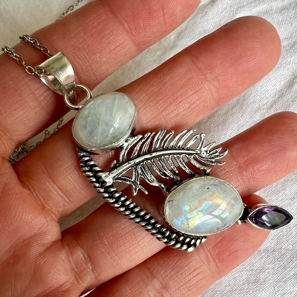 925 DOUBLE Rainbow Flash Moonstone Feather Necklace Pendant